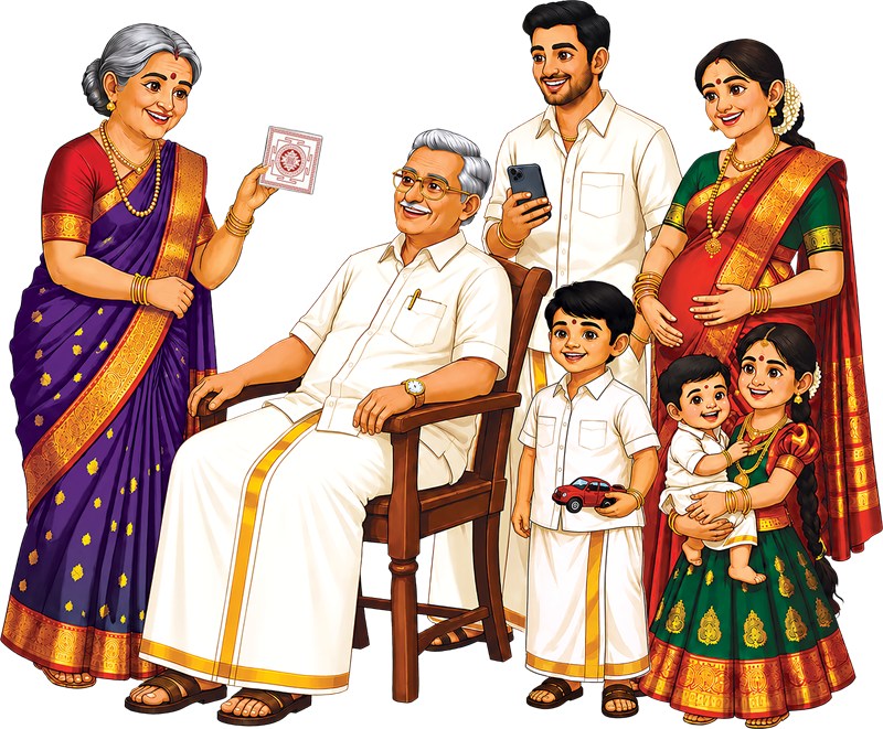 A three-generation family sharing the Dhrishti ritual
