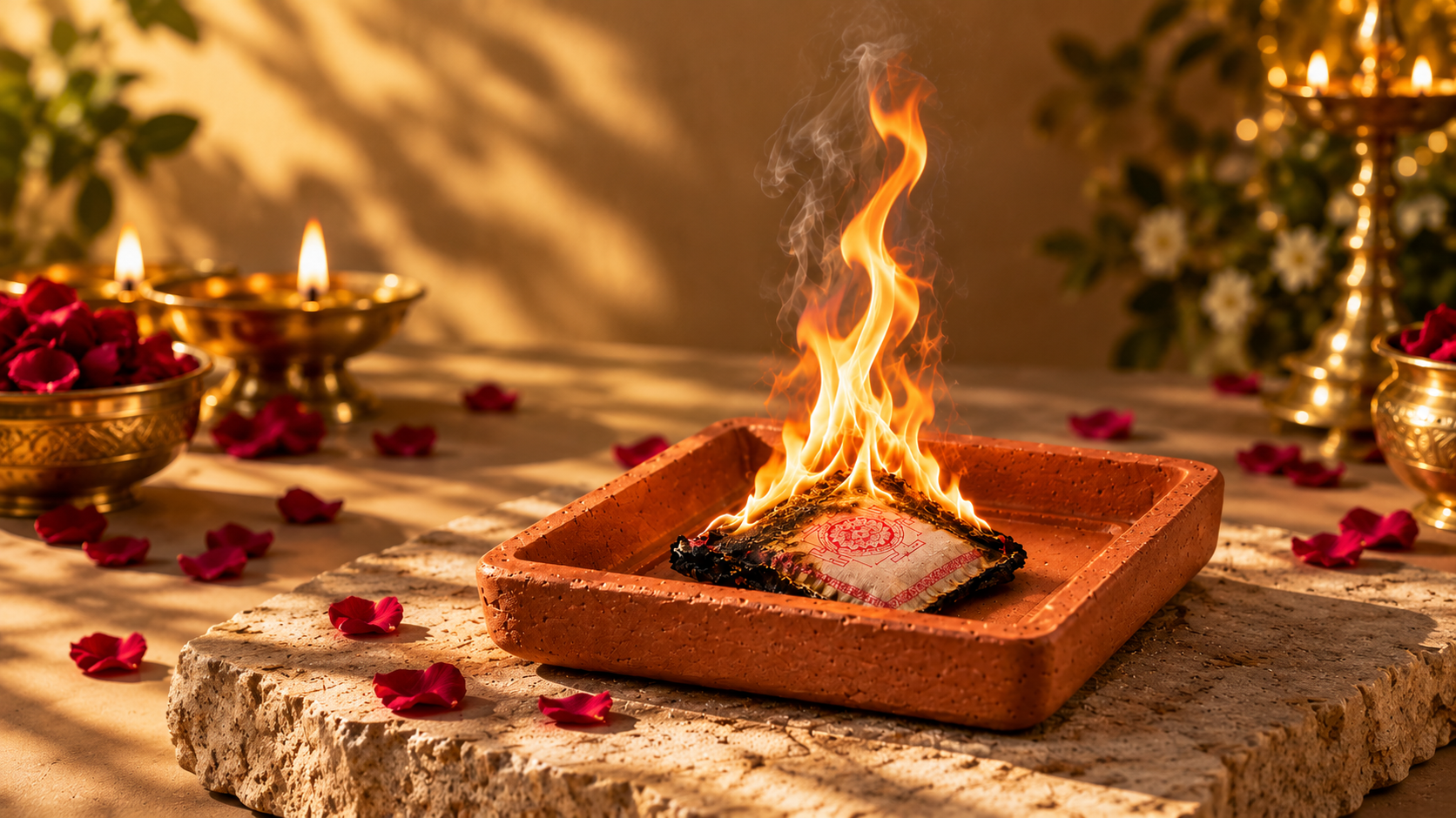 Ritual contents burning on a brass plate with rose petals and a lit lamp
