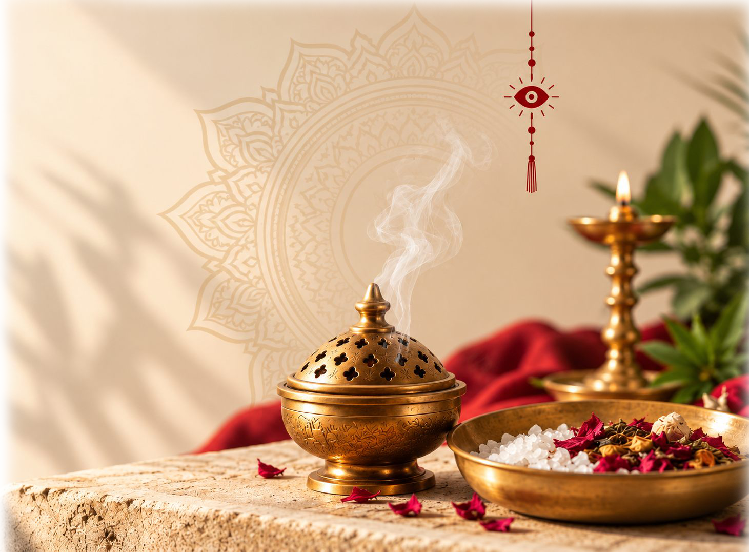 Brass incense burner, a lit lamp and a bowl of salt and rose petals beneath a hanging evil-eye charm